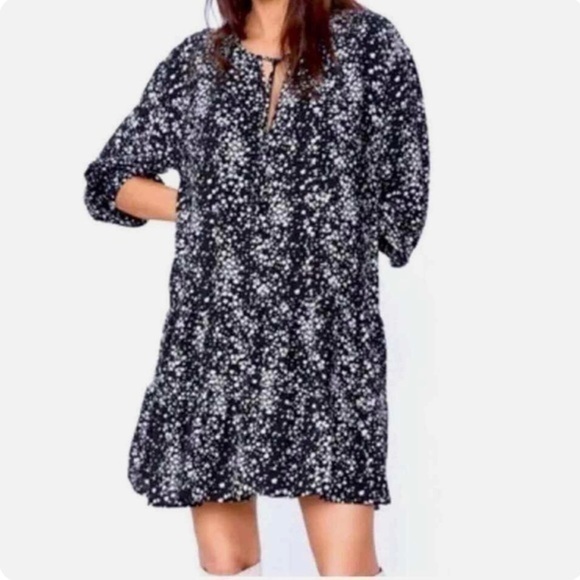 Zara Tie Front Keyhole Micro Disty Floral Black & White Mini Dress 0036 - Picture 1 of 8